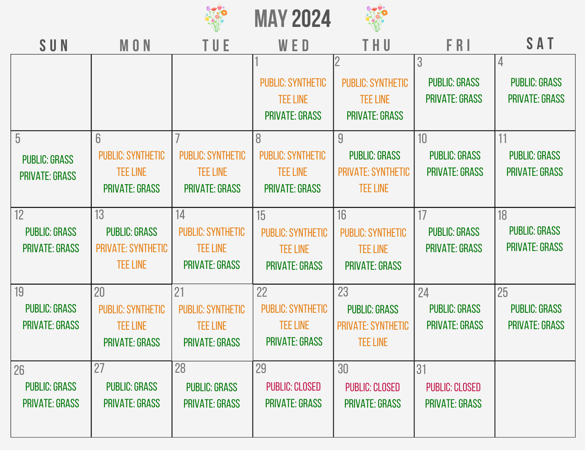 Driving Range Rotation Schedule May 2024